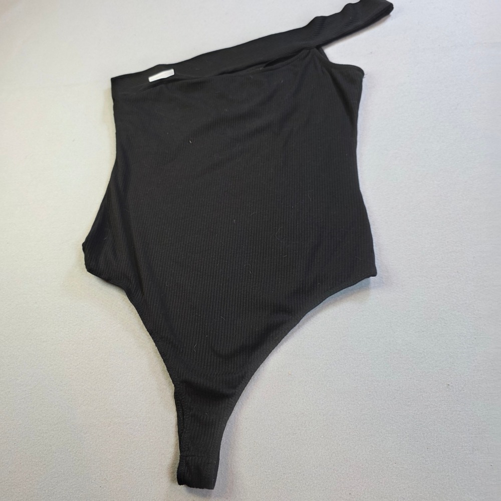 Polly & Esther Womens One Shoulder Ribbed Bodysuit Black Thong Back Size L